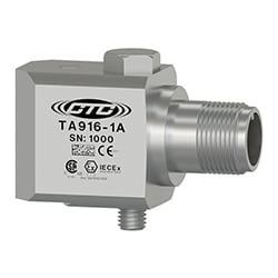 A TA916 side exit dual output vibration monitoring sensor engraved with the CTC Line logo, part number, serial number, and hazardous rating logos.